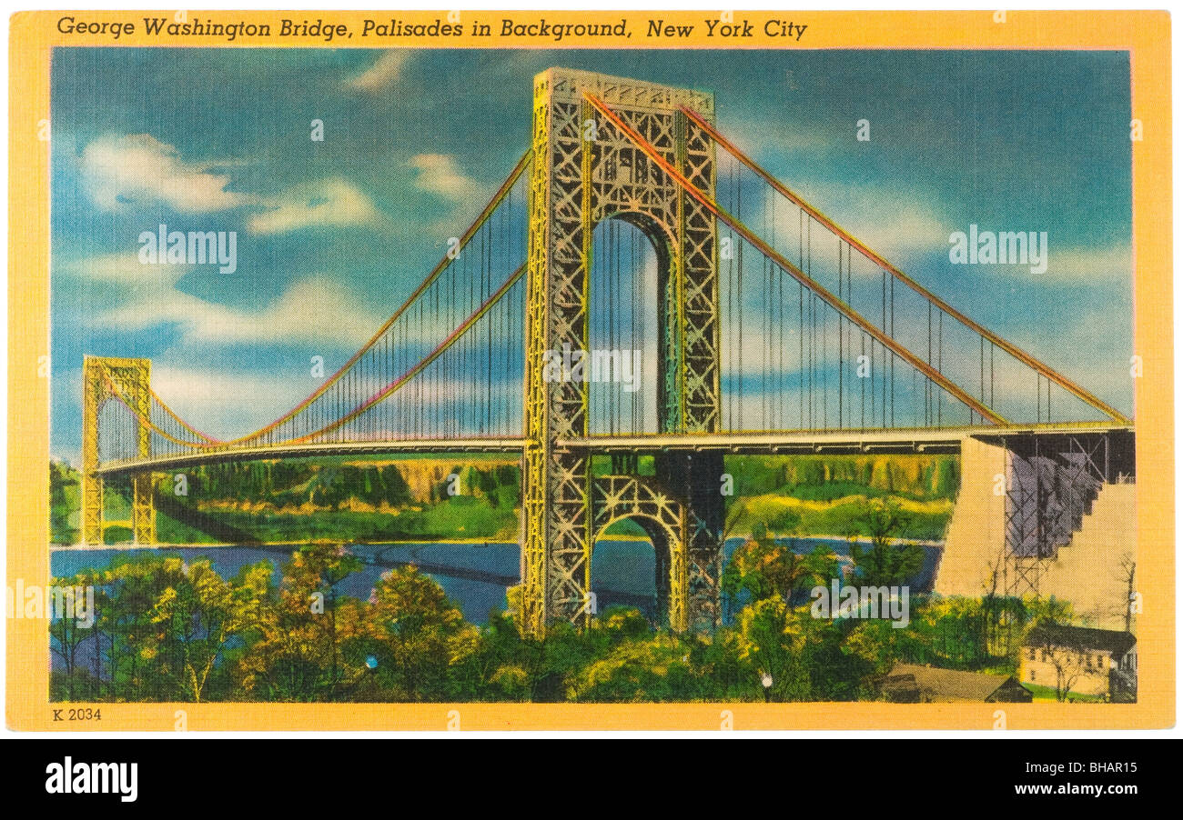 Vintage post card del George Washington Bridge, New York City Foto Stock