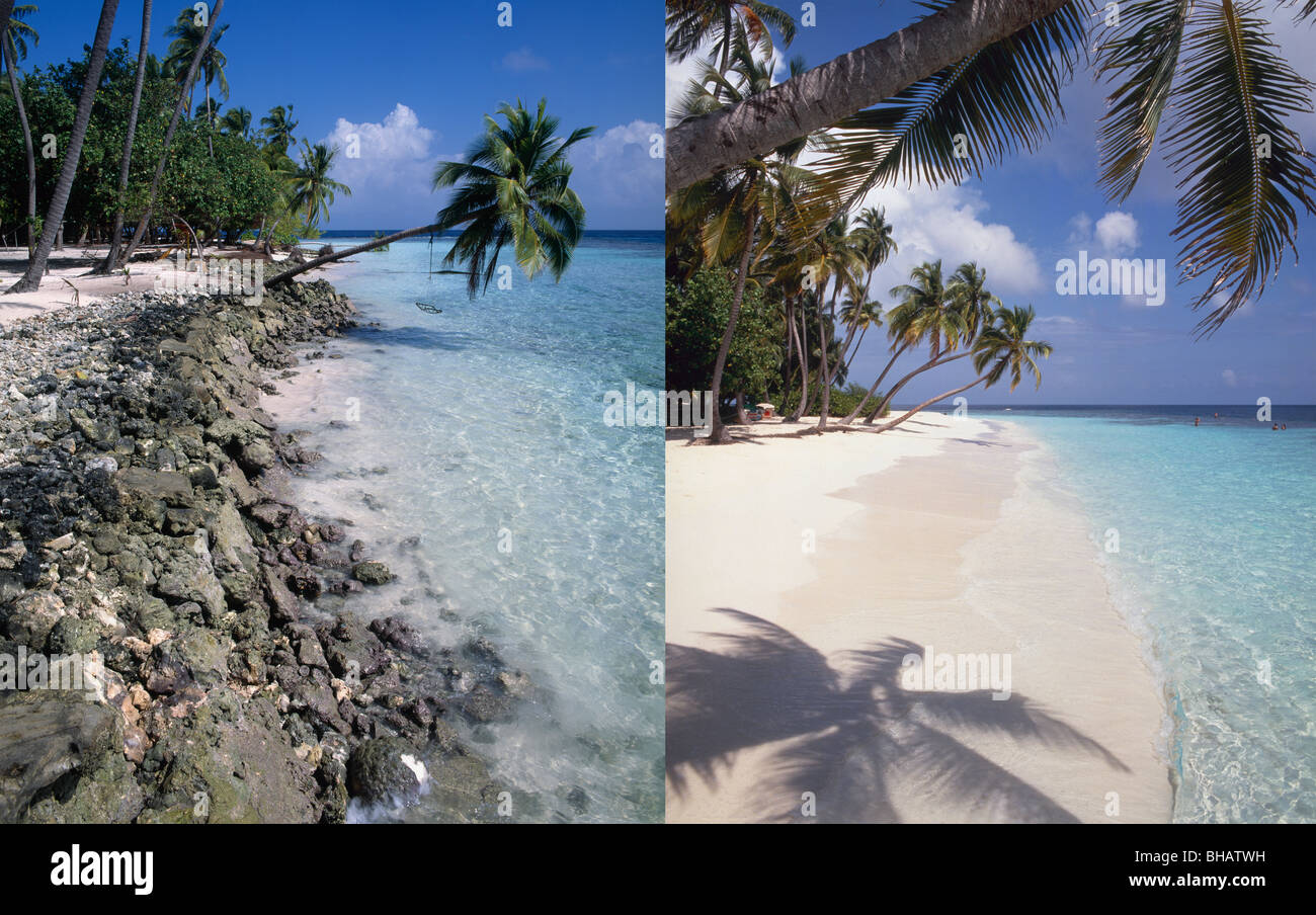 Spiaggia erosione, immagine a sinistra in 1995, la stessa vista immagine a destra nel 1990. "Riscaldamento globale" nell'Oceano Indiano, Maldive Foto Stock