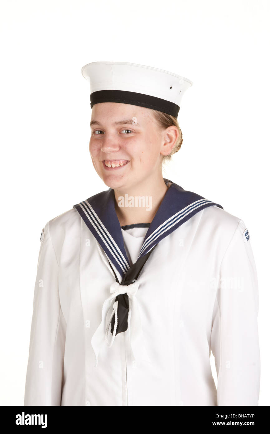 Giovane marinaio femmina isolato su bianco Foto Stock