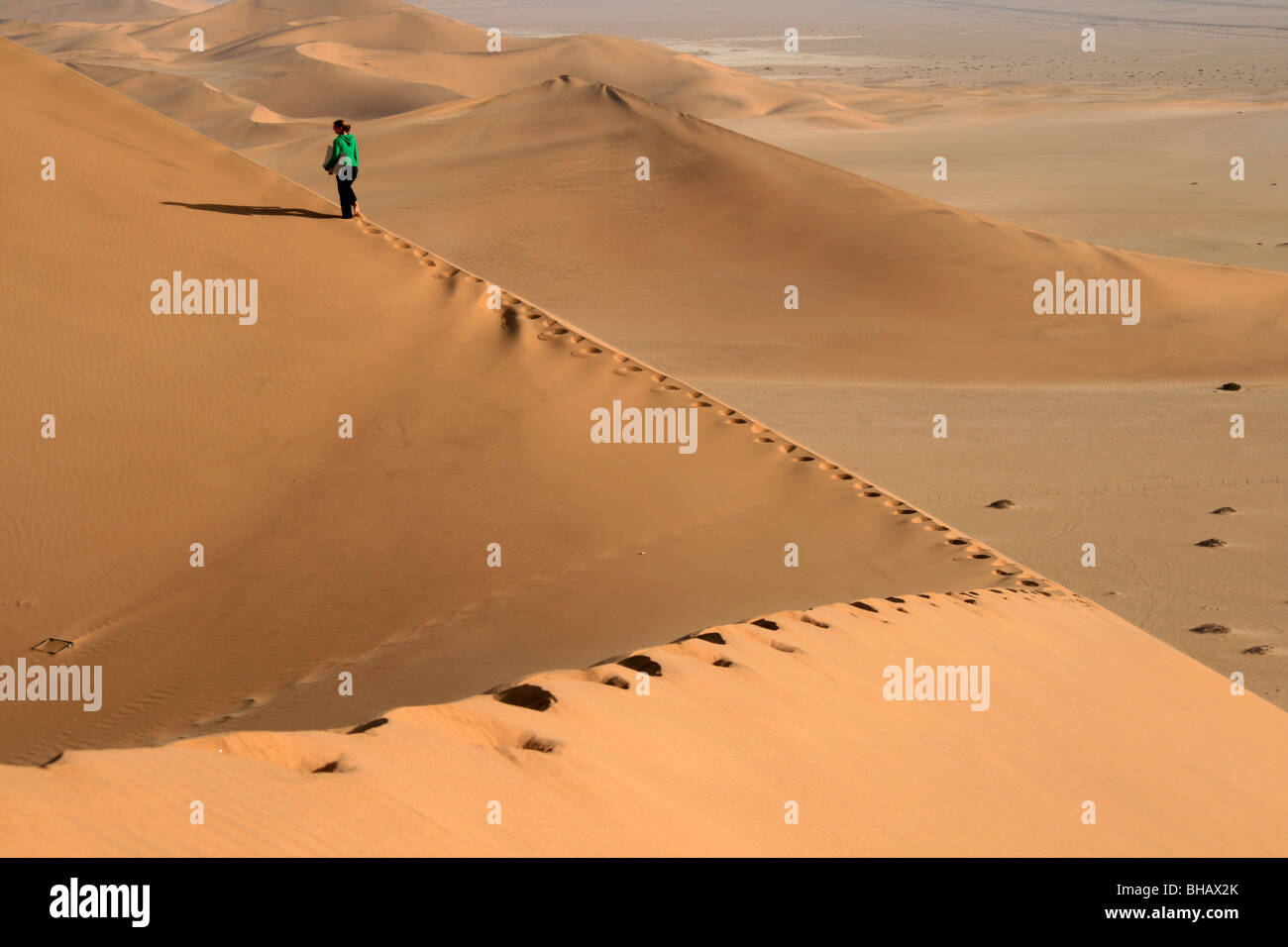 Escursioni a piedi lungo il crinale incontaminato di un rosso enormi dune di sabbia nel deserto di Namibia Foto Stock