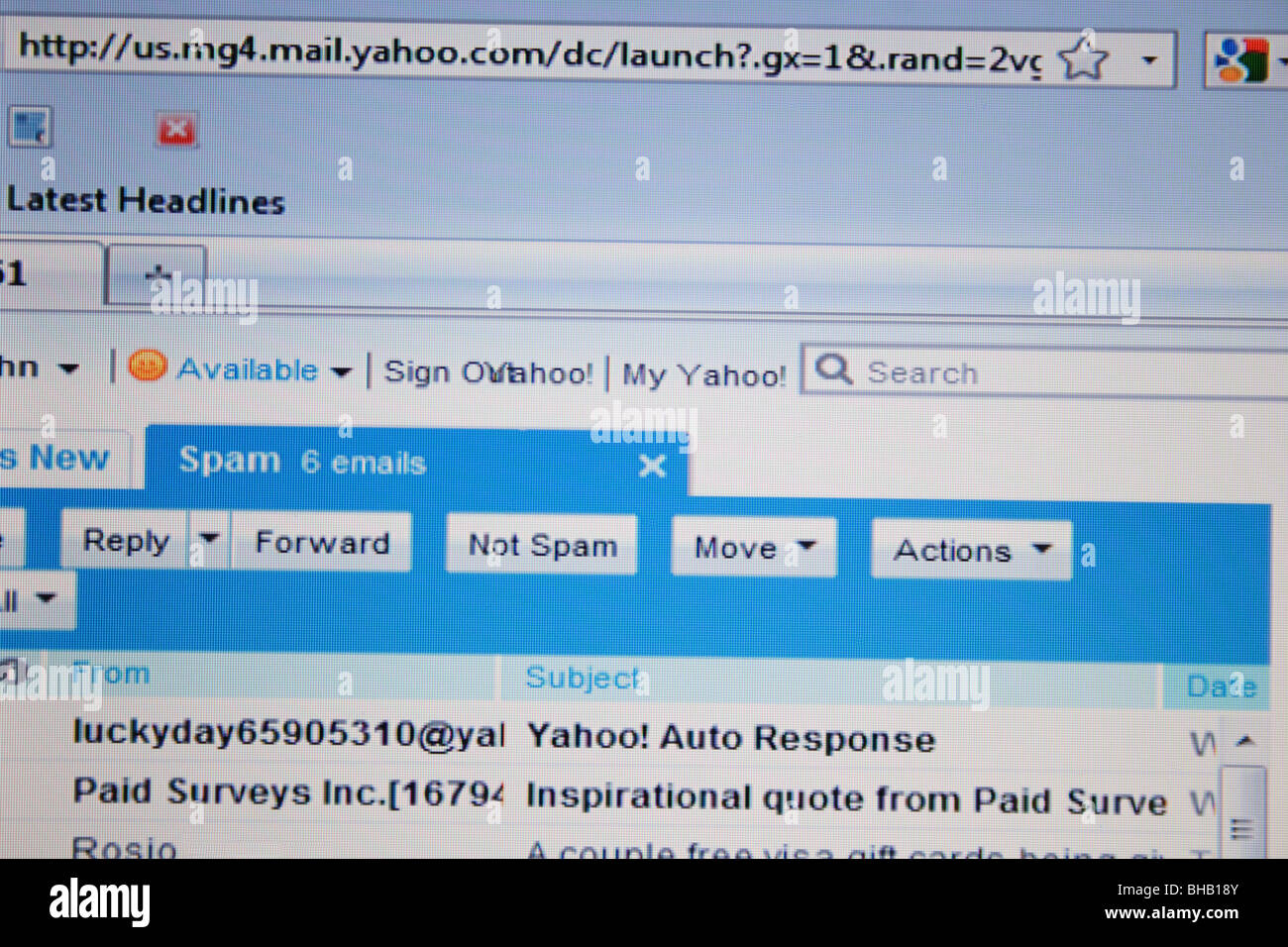 Yahoo account di posta elettronica che mostra i messaggi di spam Foto Stock