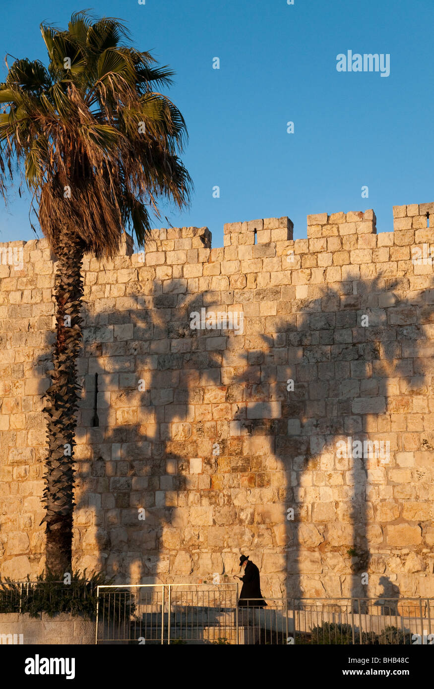 Ebreo ortodosso camminando lungo le mura della città vecchia di Gerusalemme con palme e ombre Foto Stock
