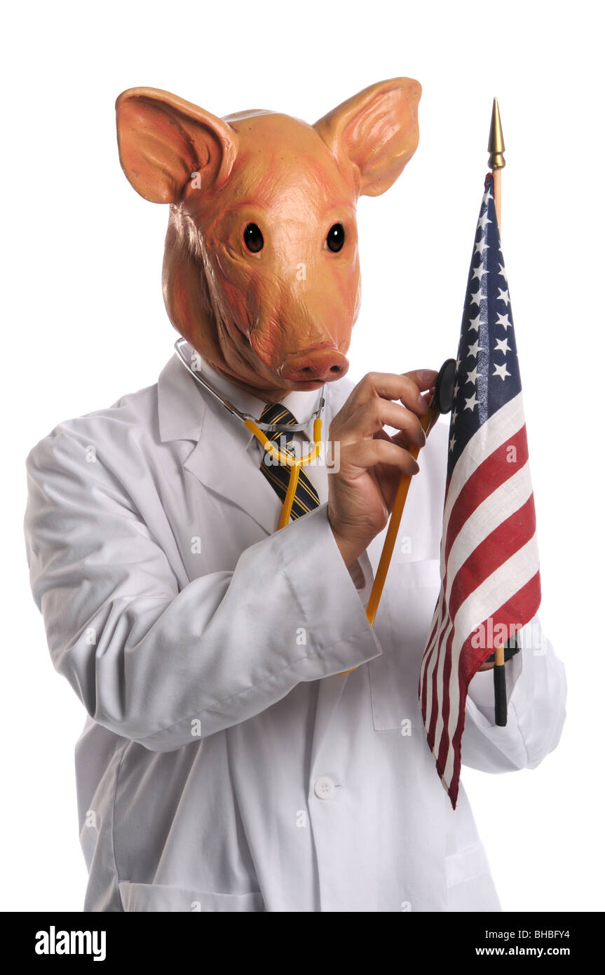 Influenza suina in America rappresentata dal maiale vestito come medico con una bandiera americana Foto Stock
