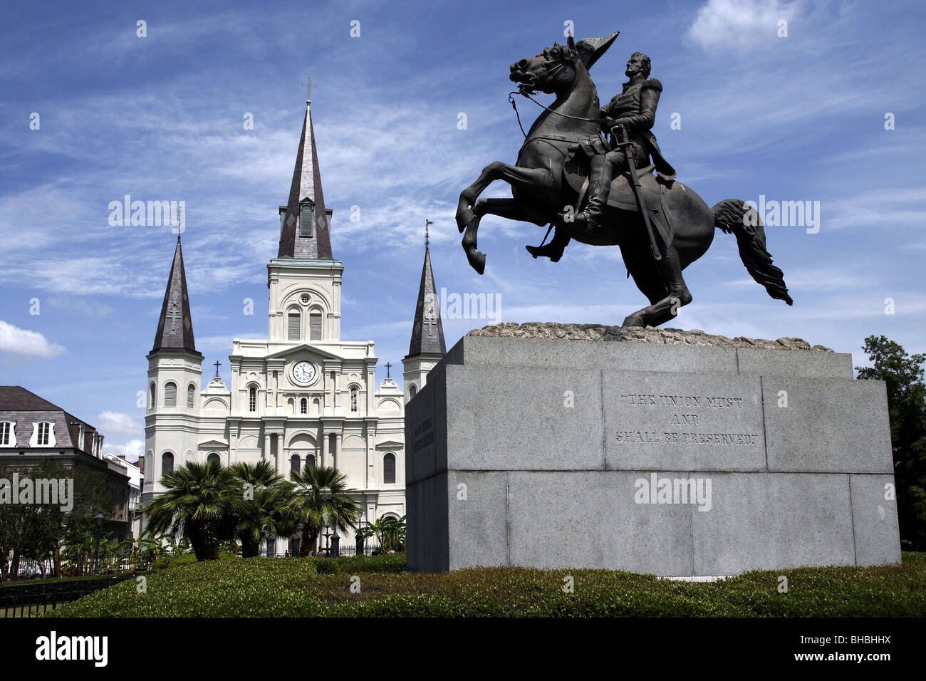 Generale Andrew Jackson statua, Cattedrale di San Louis, Jackson Square, il quartiere francese, New Orleans, Louisiana, Stati Uniti d'America Foto Stock