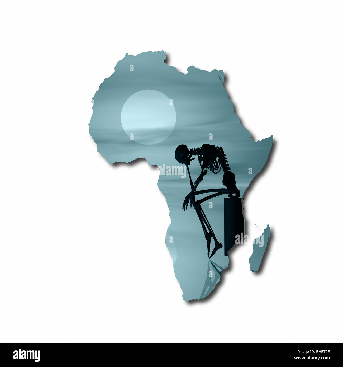 Mappa di Africa con uno scheletro Silhouette in primo piano. Immagine concettuale di morire di fame in Africa Foto Stock