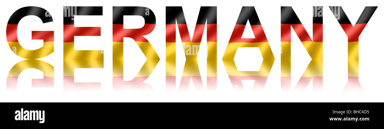 Germania lettering riflettente in 3D con bandiera tedesca inset. Foto Stock