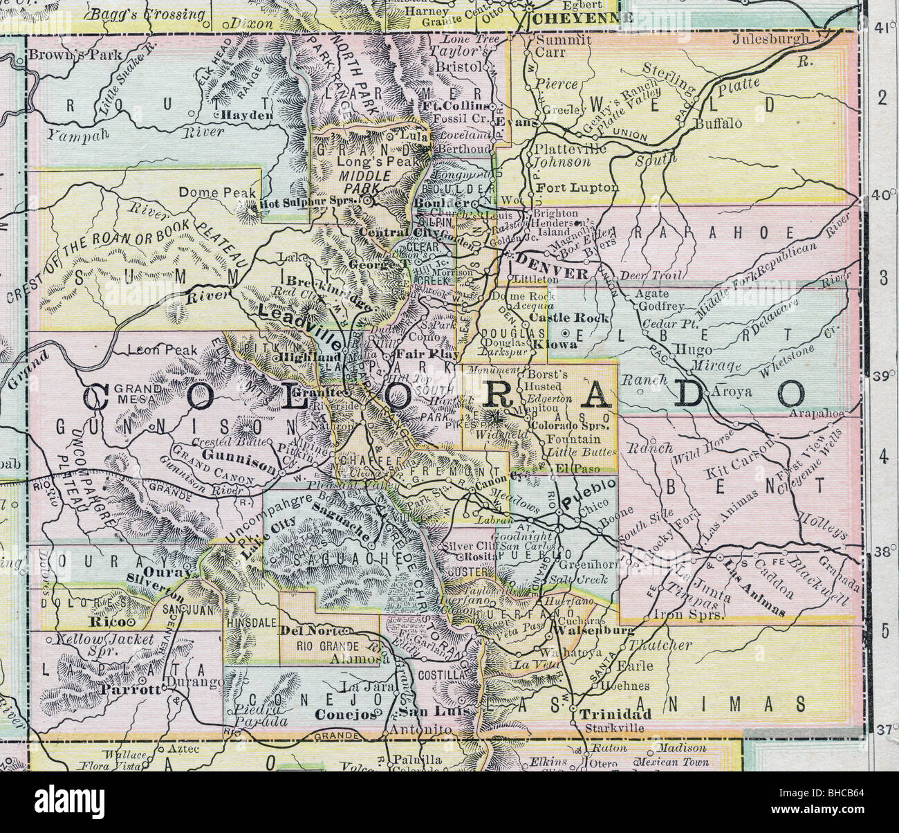 Originale vecchia mappa di Colorado da 1884 geografia di un libro di testo Foto Stock