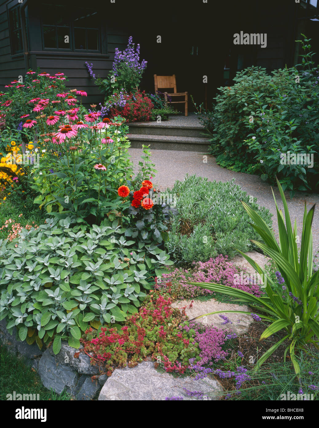 Vashon Island, WA Summer letto giardino confina con un passaggio pedonale che conduce ad un portico isolata Foto Stock