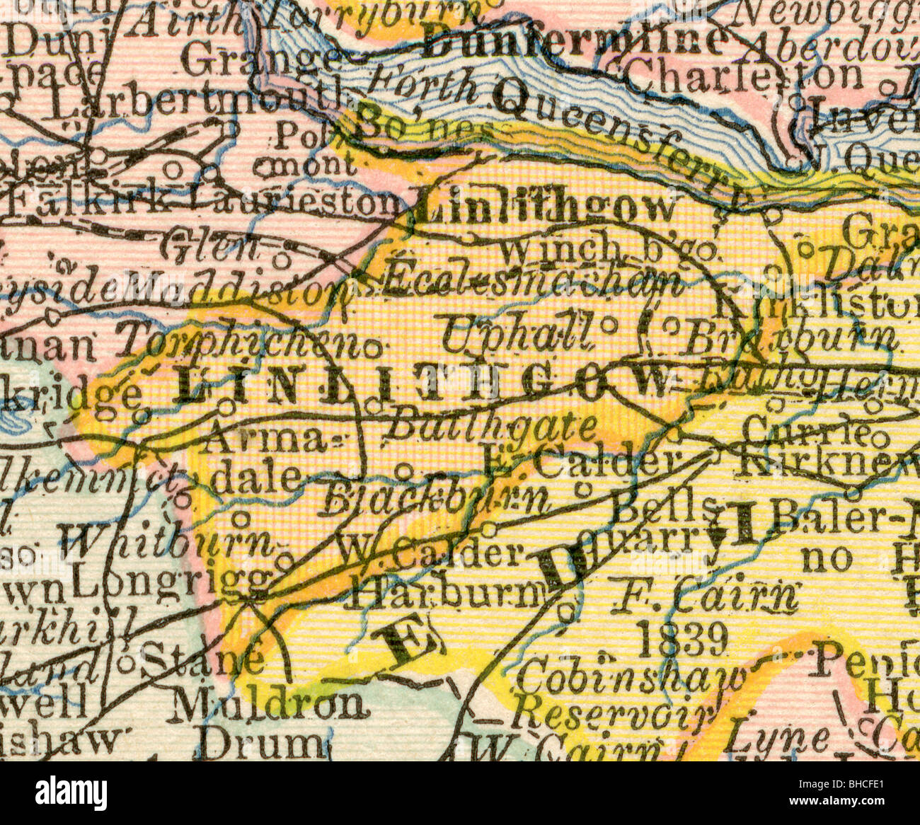 Originale vecchia mappa di Linlithgow contea da 1884 geografia di un libro di testo Foto Stock
