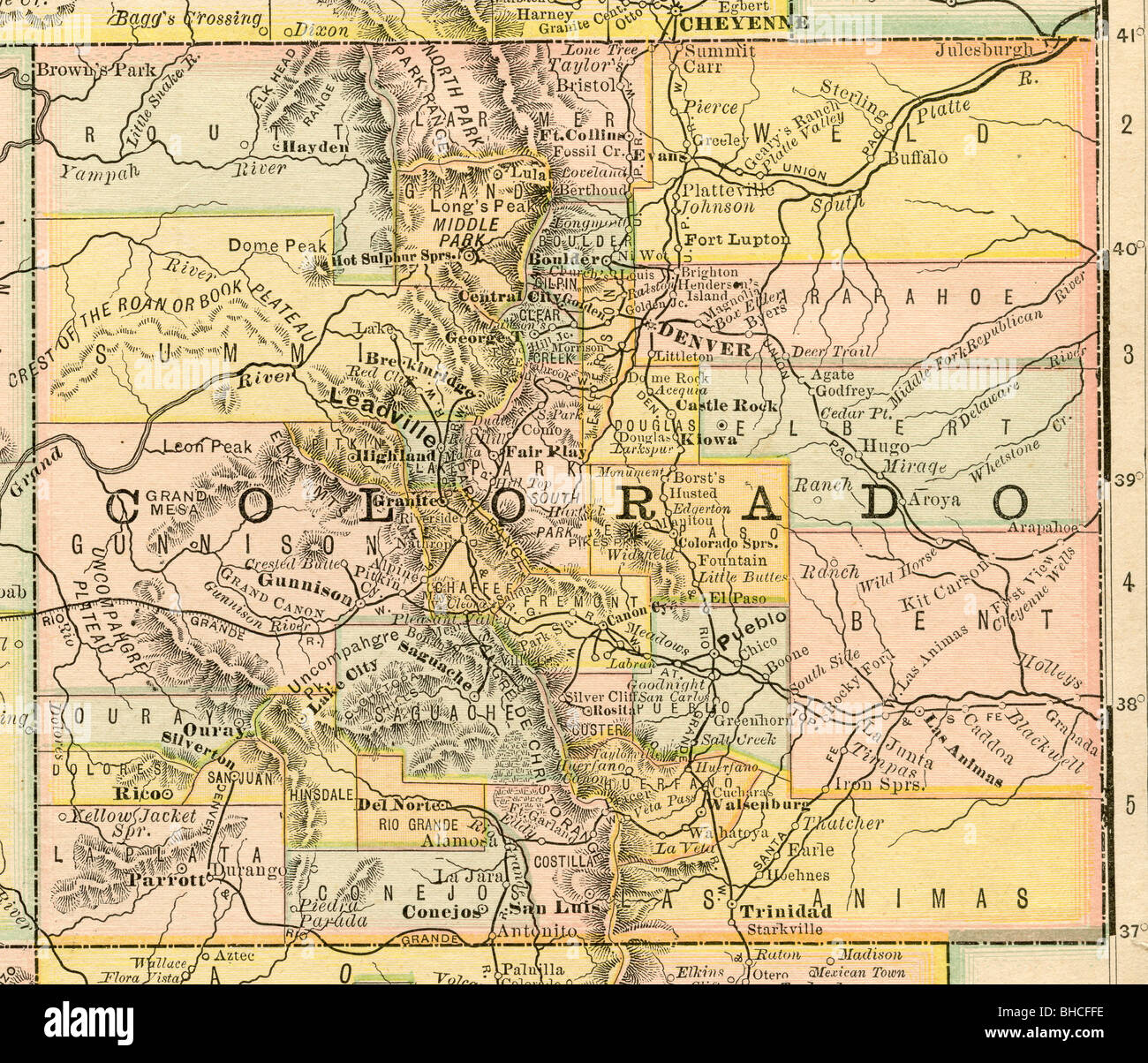 Originale vecchia mappa di Colorado da 1884 geografia di un libro di testo Foto Stock