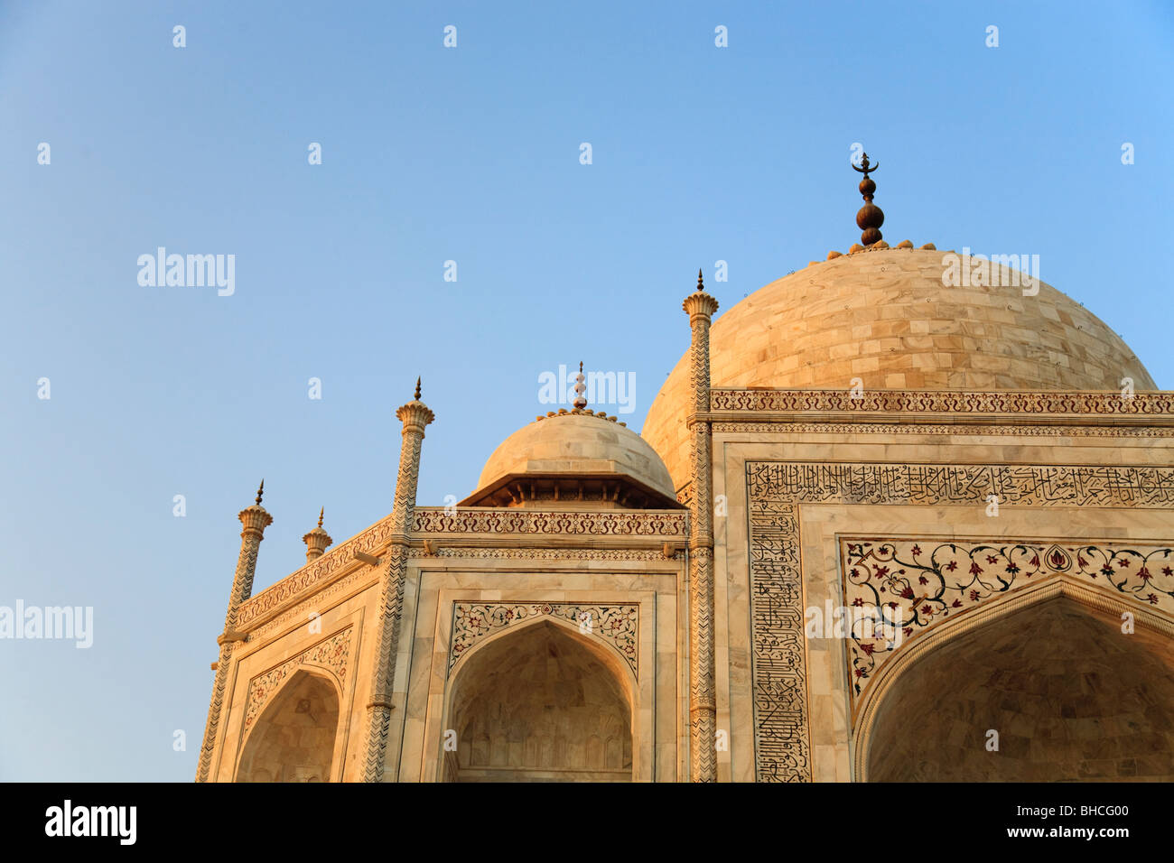 La cupola e decorazione ornata del Taj Mahal ad Agra, India Foto Stock