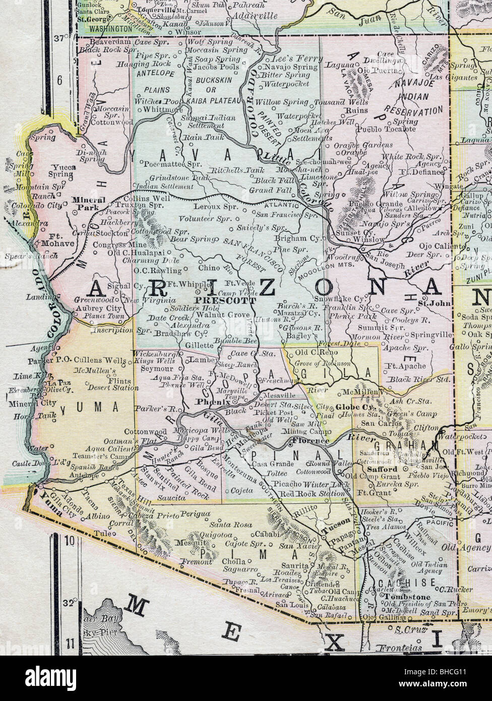 Originale vecchia mappa di Arizona dal 1884 la geografia di un libro di testo Foto Stock
