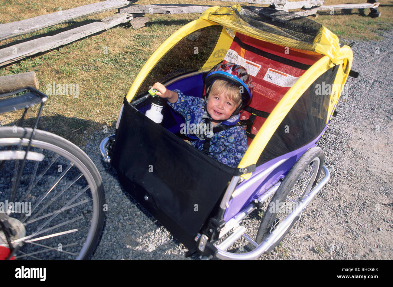 Bambino seduto nel rimorchio bici. Foto Stock
