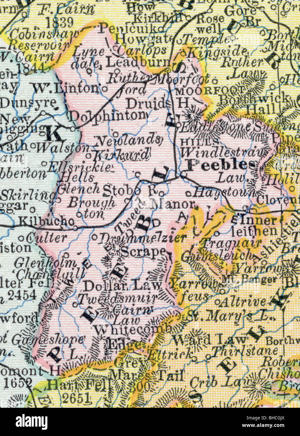 Originale vecchia mappa di Peebles County (Scozia) dal 1884 la geografia di un libro di testo Foto Stock
