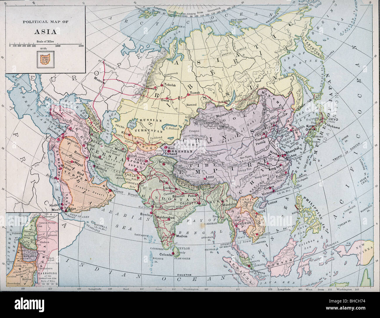 Originale vecchia Mappa di Asia dal 1903 la geografia di un libro di testo Foto Stock