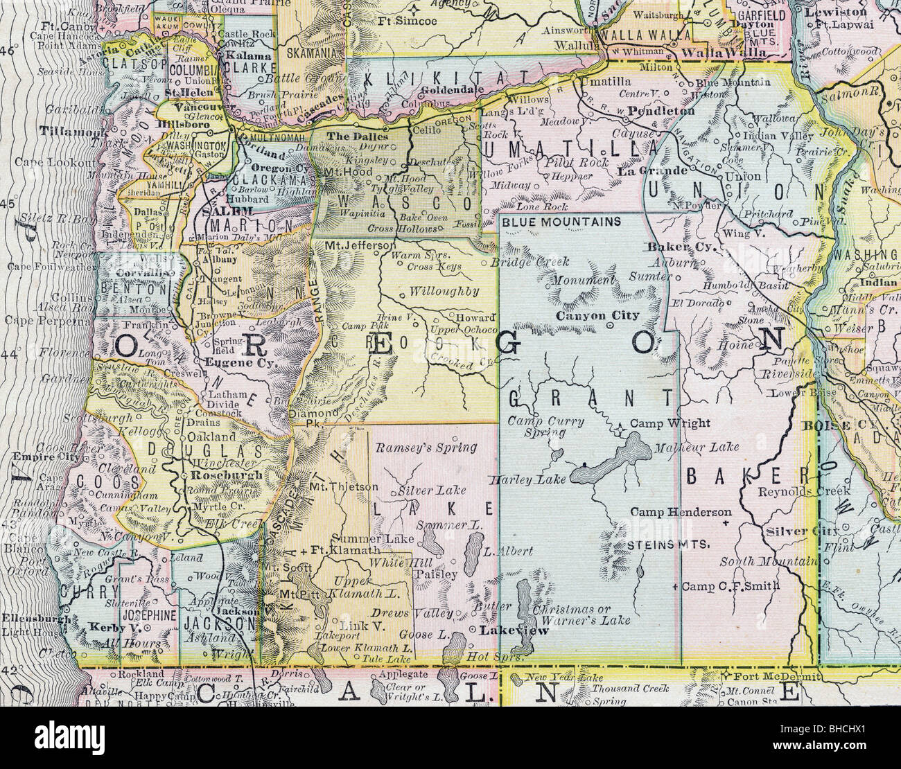 Originale vecchia mappa di Oregon dal 1884 la geografia di un libro di testo Foto Stock