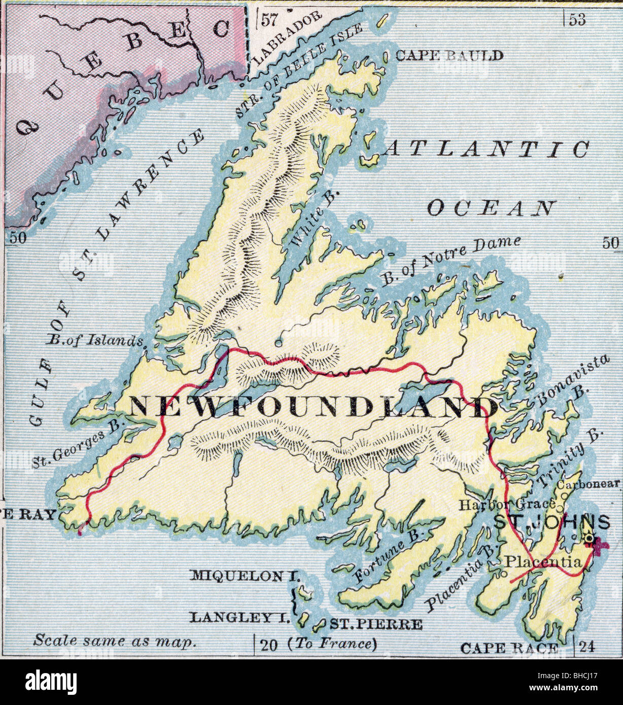 Originale vecchia mappa di Terranova dal 1903 la geografia di un libro di testo Foto Stock