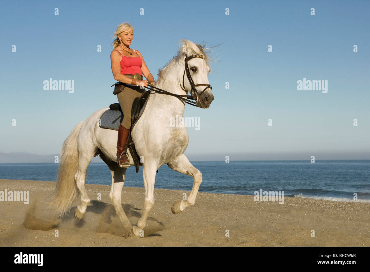 La donna a cavallo sulla spiaggia Foto Stock