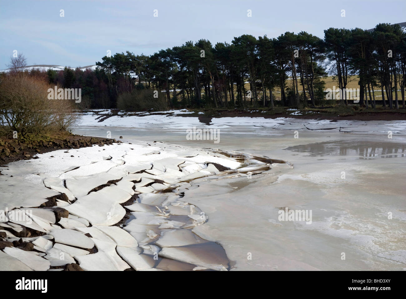 Ghiaccio sul serbatoio Harlaw, nel Pentland Hills, nei pressi di Edimburgo Foto Stock