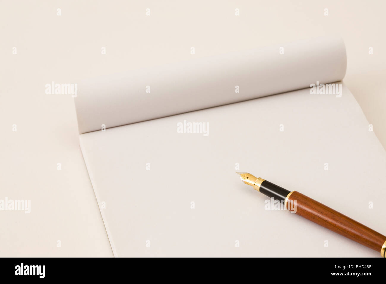 Vuoto il blocco note e penna stilografica Foto Stock