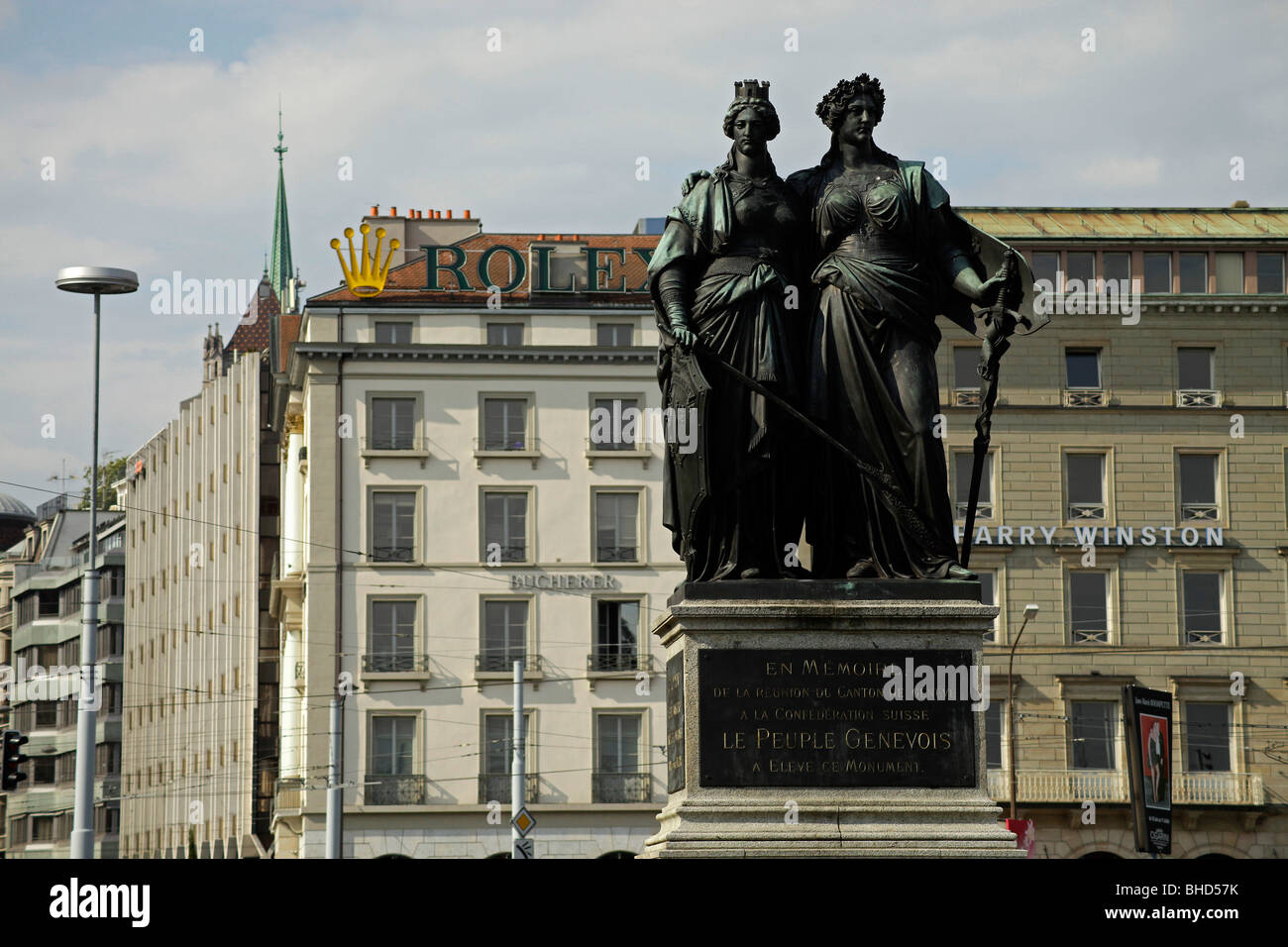 Il Monumento Nazionale di Ginevra e Helvetia da 1869 a Ginevra, Svizzera, Europa Foto Stock