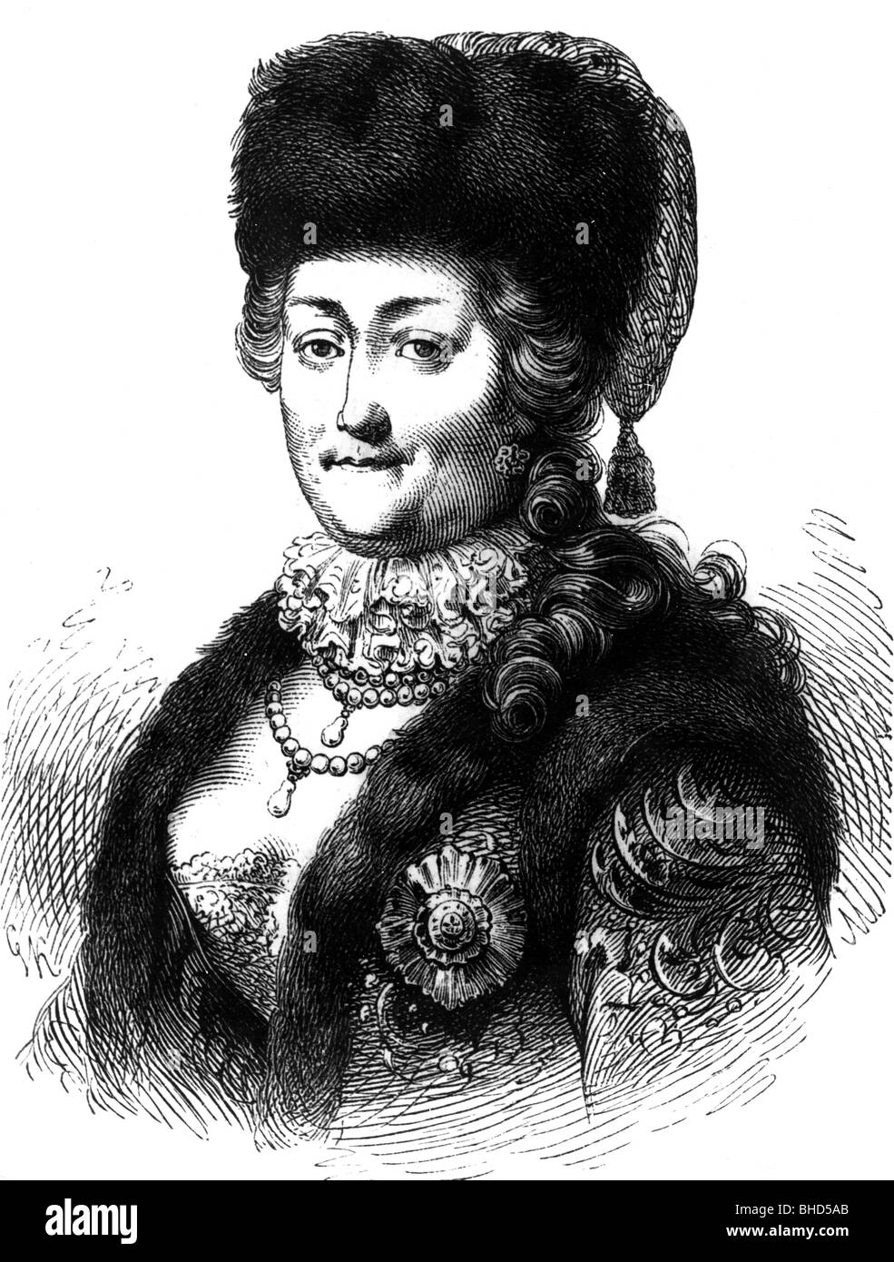 Catherine II "grandi", 2.5.1729 - 17.11.1796, imperatrice di Russia, ritratto, dopo la pittura contemporanea, incisione su legno, secolo XIX, artista del diritto d'autore non deve essere cancellata Foto Stock