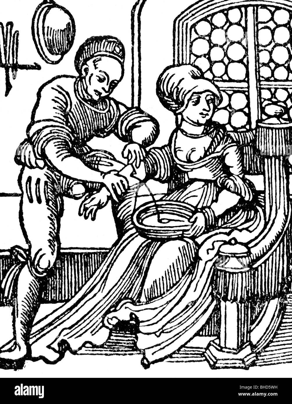 Medicina, trattamento, salasso / venesection, una signora durante la procedura salasso, xilografia, 1520, rinascimentali del XVI sec. Foto Stock