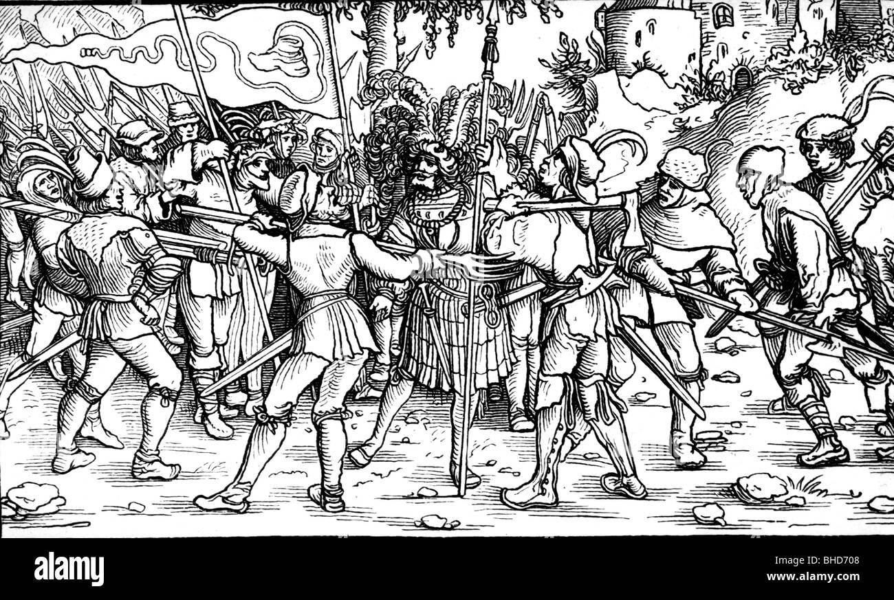 Eventi, guerra Dei Contadini tedeschi, 1524 - 1526, cavaliere catturato dai paesants, legno tagliato da Hans Leonhard Scheuflin, 16th secolo, , Foto Stock