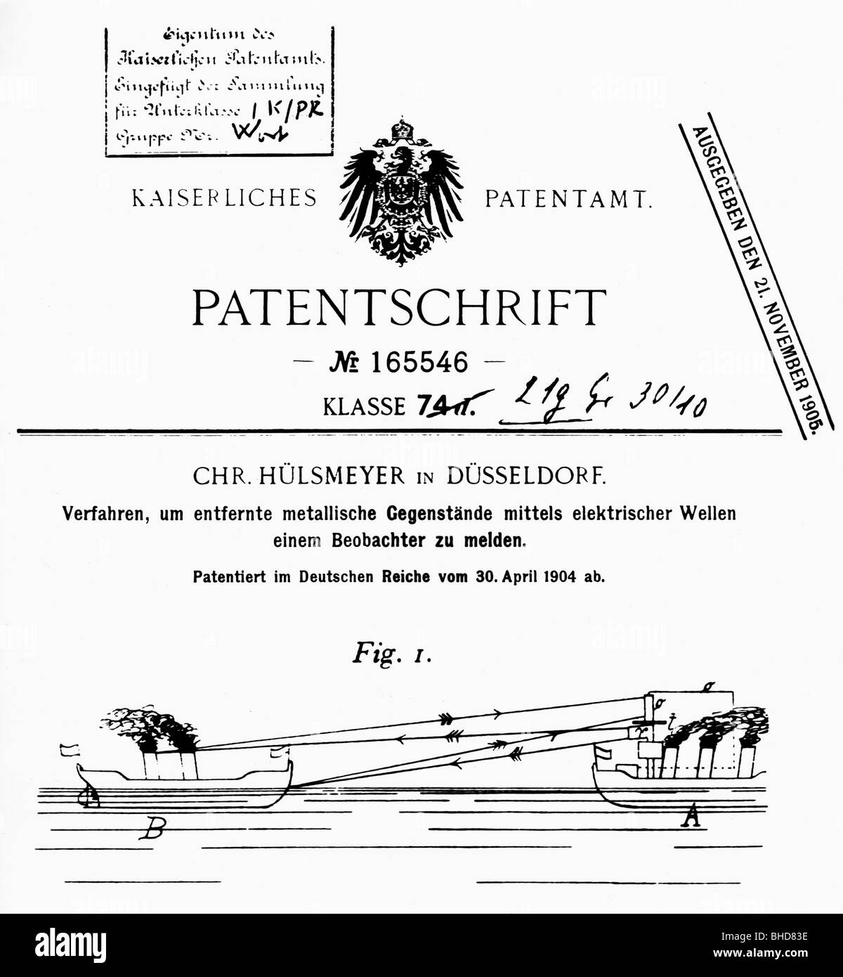 Huelsmeyer, Christian, 25.12.1881 - 31.1.1957, imprenditore tedesco, inventore del radar, brevetto, rilasciato il 21.11.1905, Foto Stock