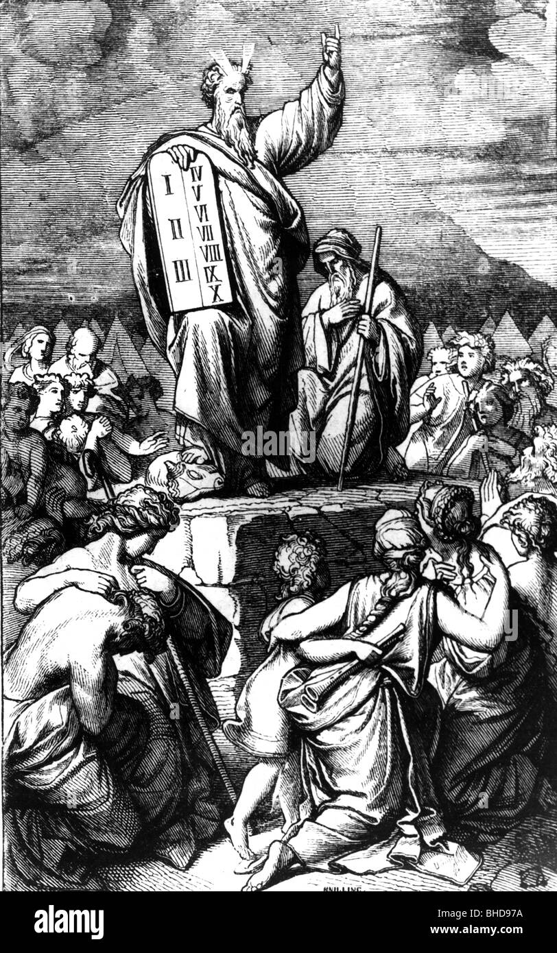 Mosè, profeta, figura biblica, a tutta lunghezza, con i dieci Comandamenti, incisione del legno, 19th secolo, Foto Stock