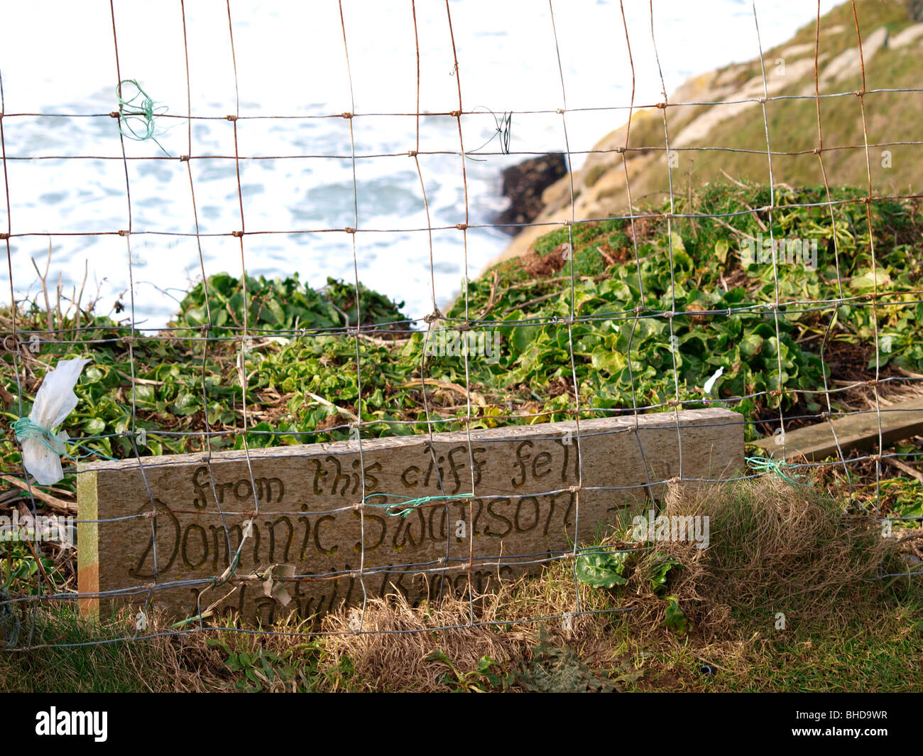 In cima alla scogliera memoriale di un giovane 16 anno vecchio ragazzo, Dominic Swanson caduti per la sua morte da qui, Newquay Cornwall Foto Stock