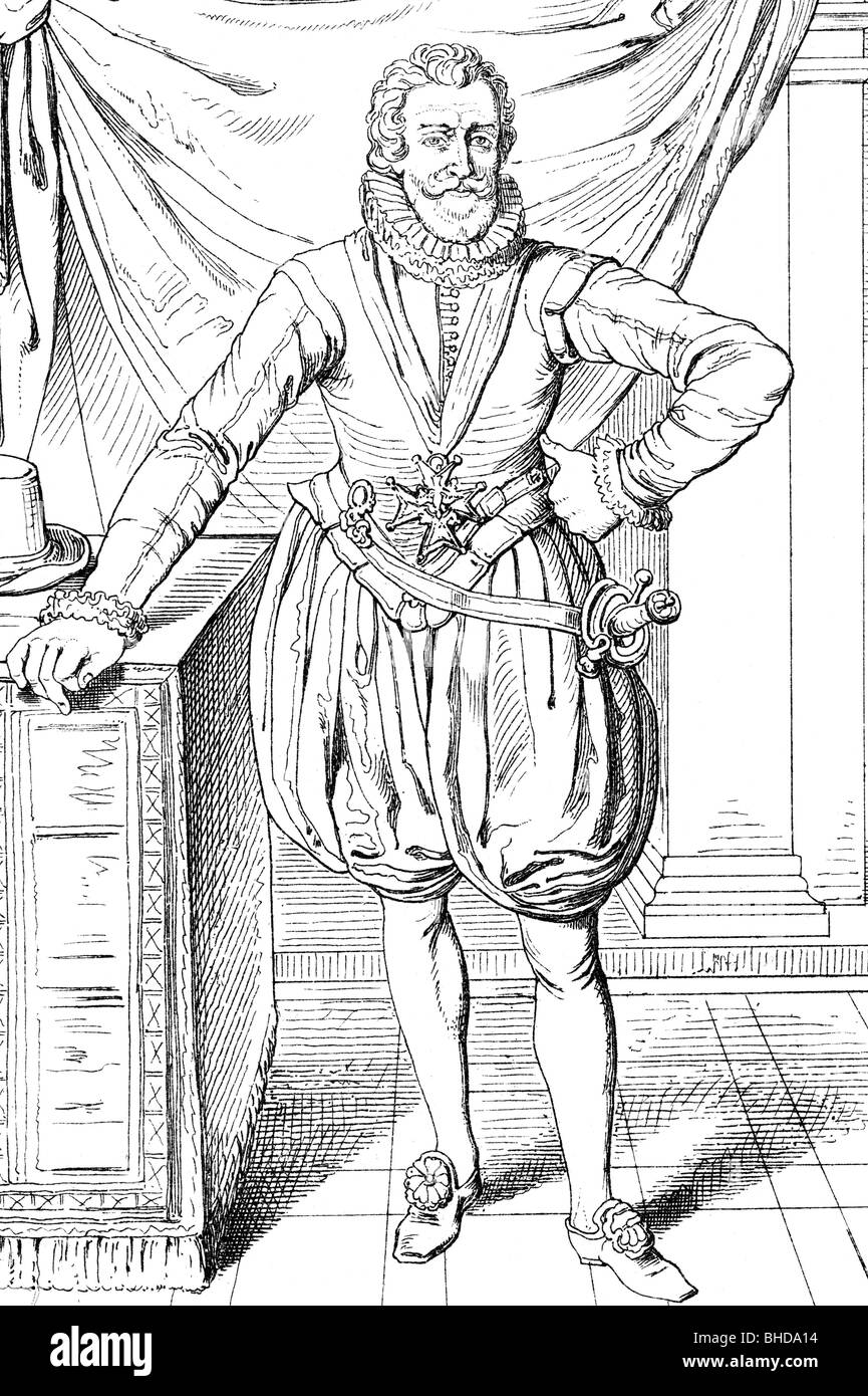 Enrico IV, 13.12.1553 - 14.5.1610, Re di Francia 27.2.1594 - 14.5.1610, a piena lunghezza e disegno dopo aver dipinto di F. Pourdin, circa 1600, , artista del diritto d'autore non deve essere cancellata Foto Stock