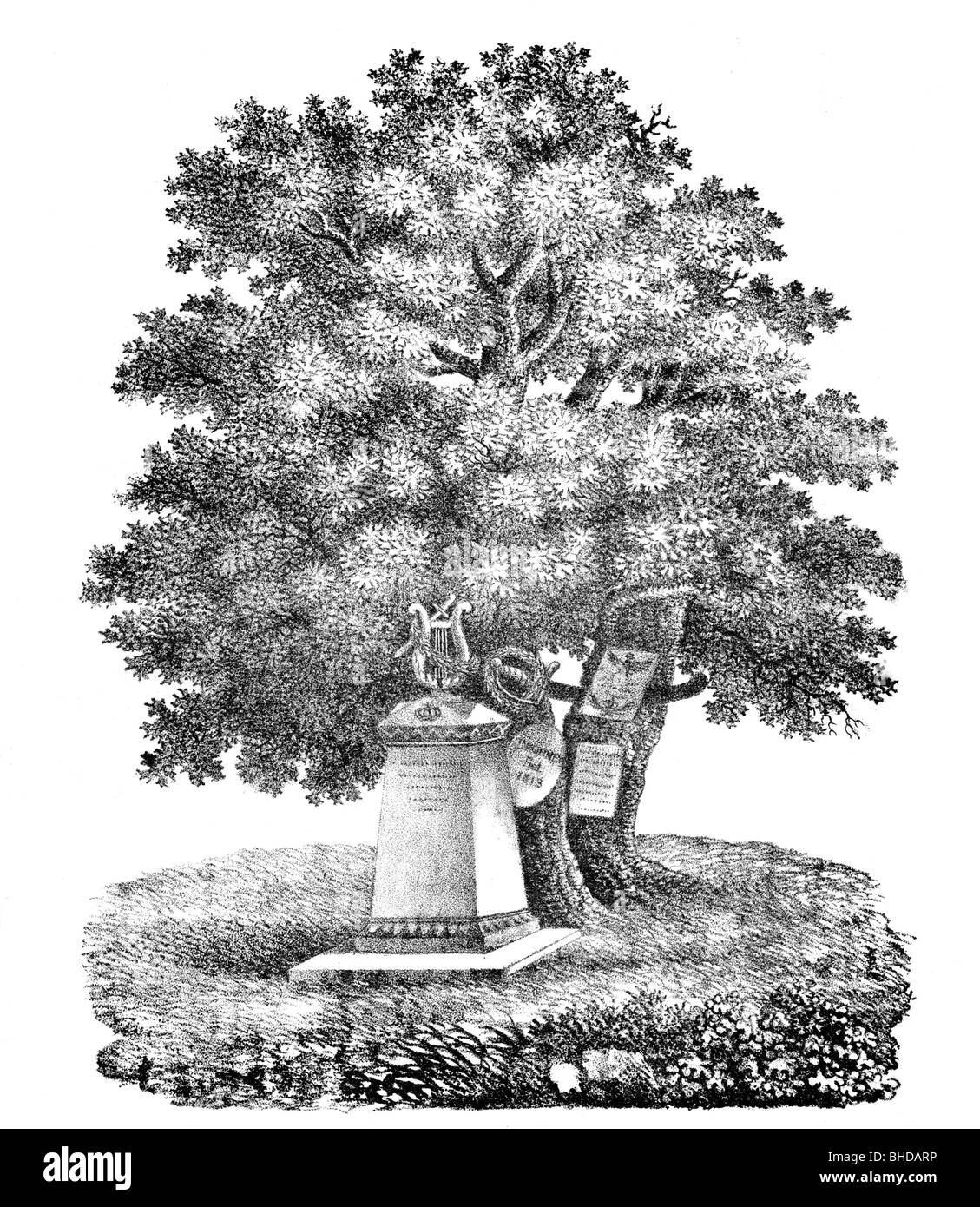 Koerner, Karl Theodor, 23.9.1791 - 26.8.1813, poeta tedesco, la sua tomba sotto un albero di quercia a Woebbelin, Meclemburgo, Germania, dove morì nelle guerre napoleoniche, litografia, Foto Stock