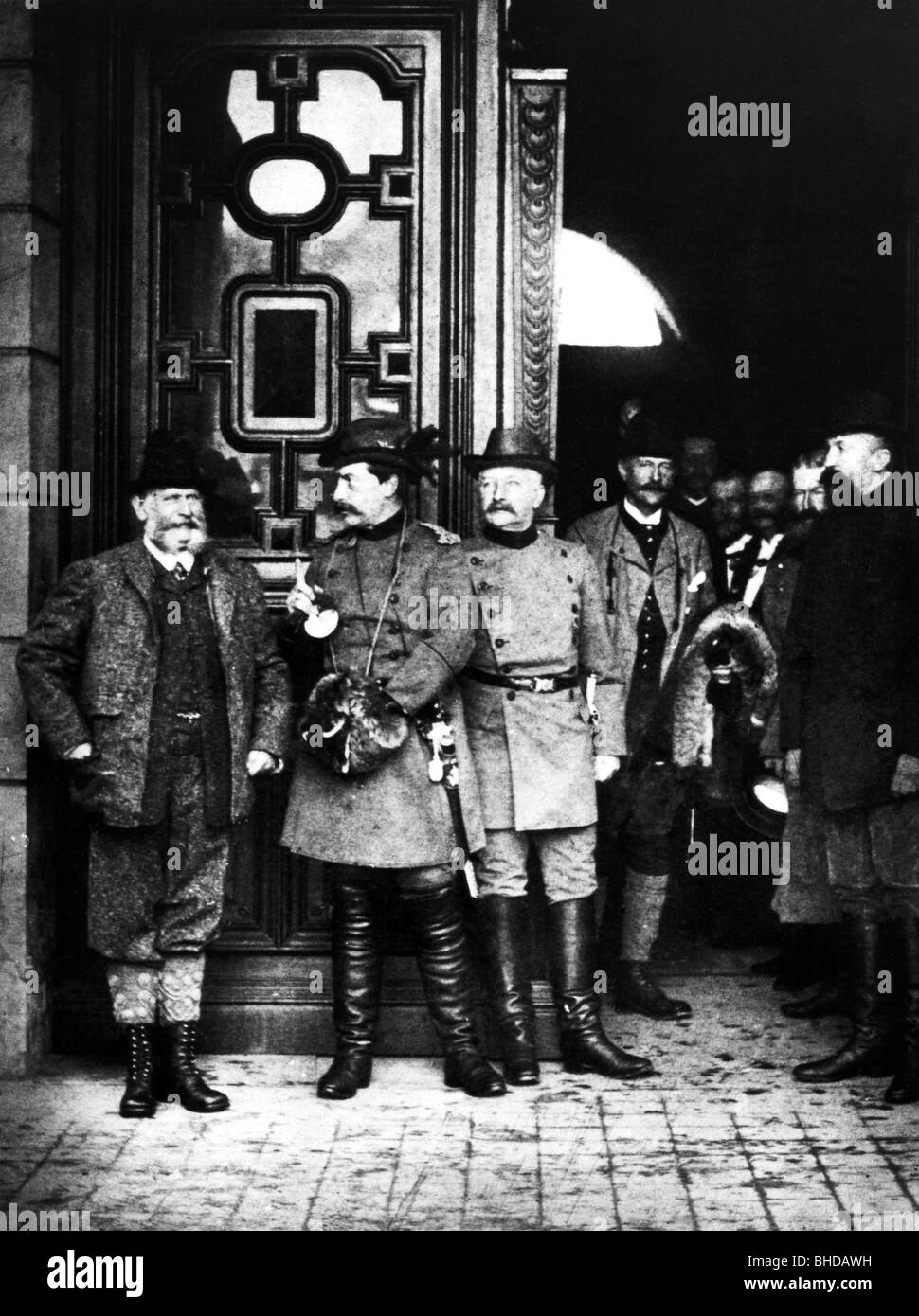 Guglielmo II, 27.1.1859 - 4.6.1941, imperatore tedesco 15.6.1888 - 9.11.1918, caccia, con conte di Arnim e generale Alfred von Waldersee, circa 1900, Foto Stock