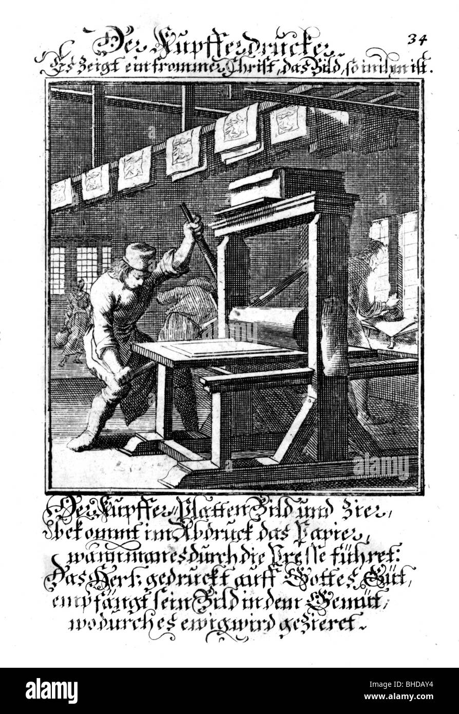 Persone, professioni, stampatore di rame, incisione di rame dal libro delle classi di Christoph Weigel, 1698, Foto Stock