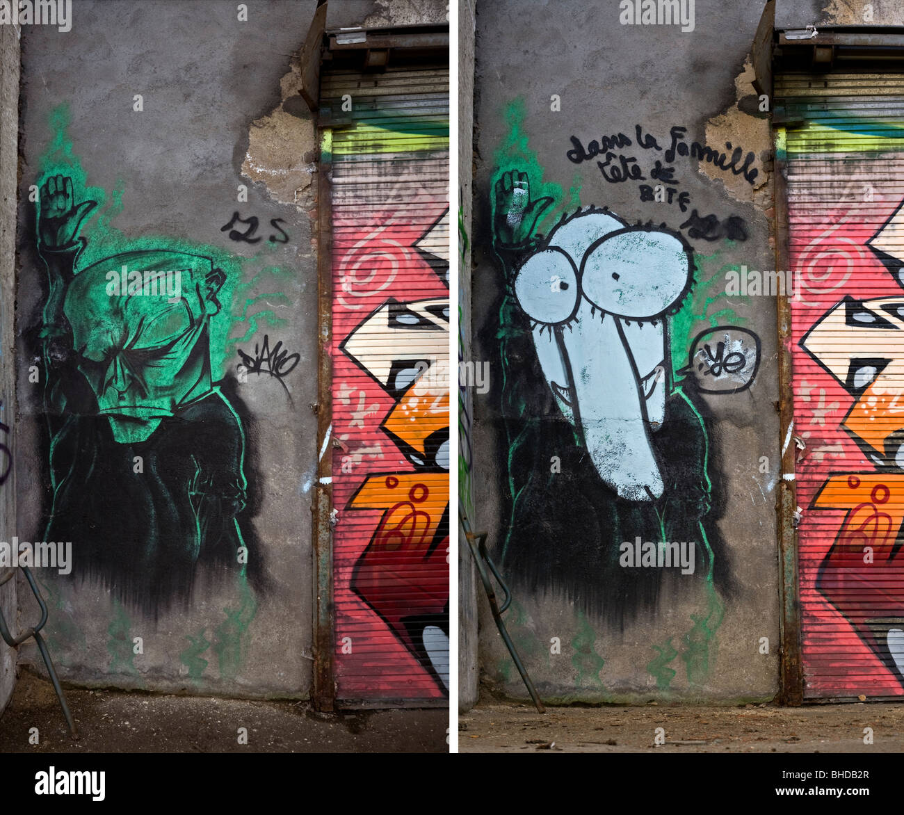 Nel lungo termine, evoluzione di un pezzo di graffiti su un muro (Vichy - Francia). A Vichy, évolution dans le temps d'onu graffiti. Foto Stock