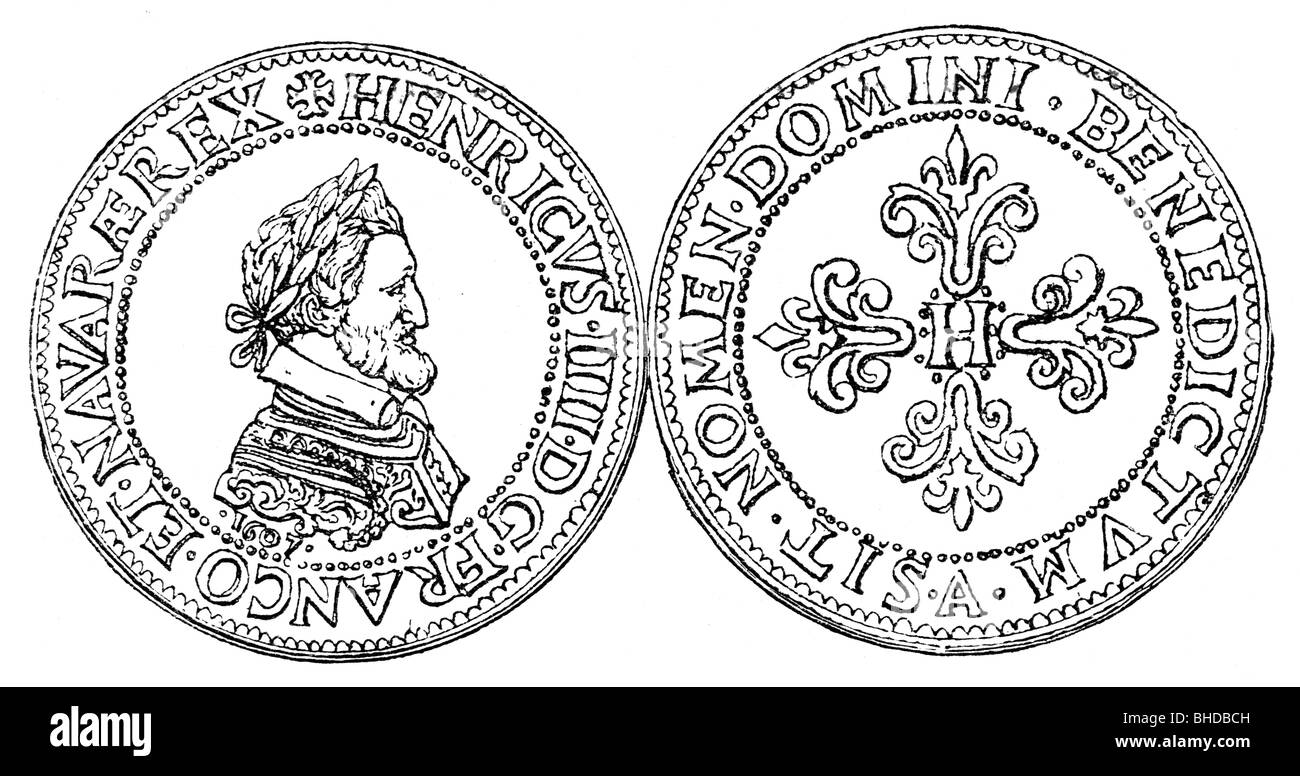 Enrico IV, 13.12.1553 - 14.5.1610, re di Francia 27.2.1594 - 14.5.1610, ritratto, moneta, fronte e retro, incisione in legno, 19th secolo, , Foto Stock