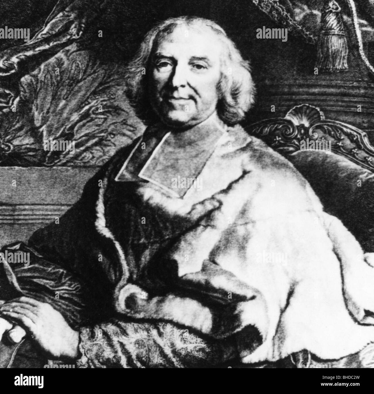 Fleury, Andre-Hercule de, 22.6.1653 - 29.1.1743, cardinale francese, statista, mezza lunghezza, vista laterale, vestendo la veste cardinale`s, incisione di P. Drevet, dopo la pittura di Rigaud, Foto Stock