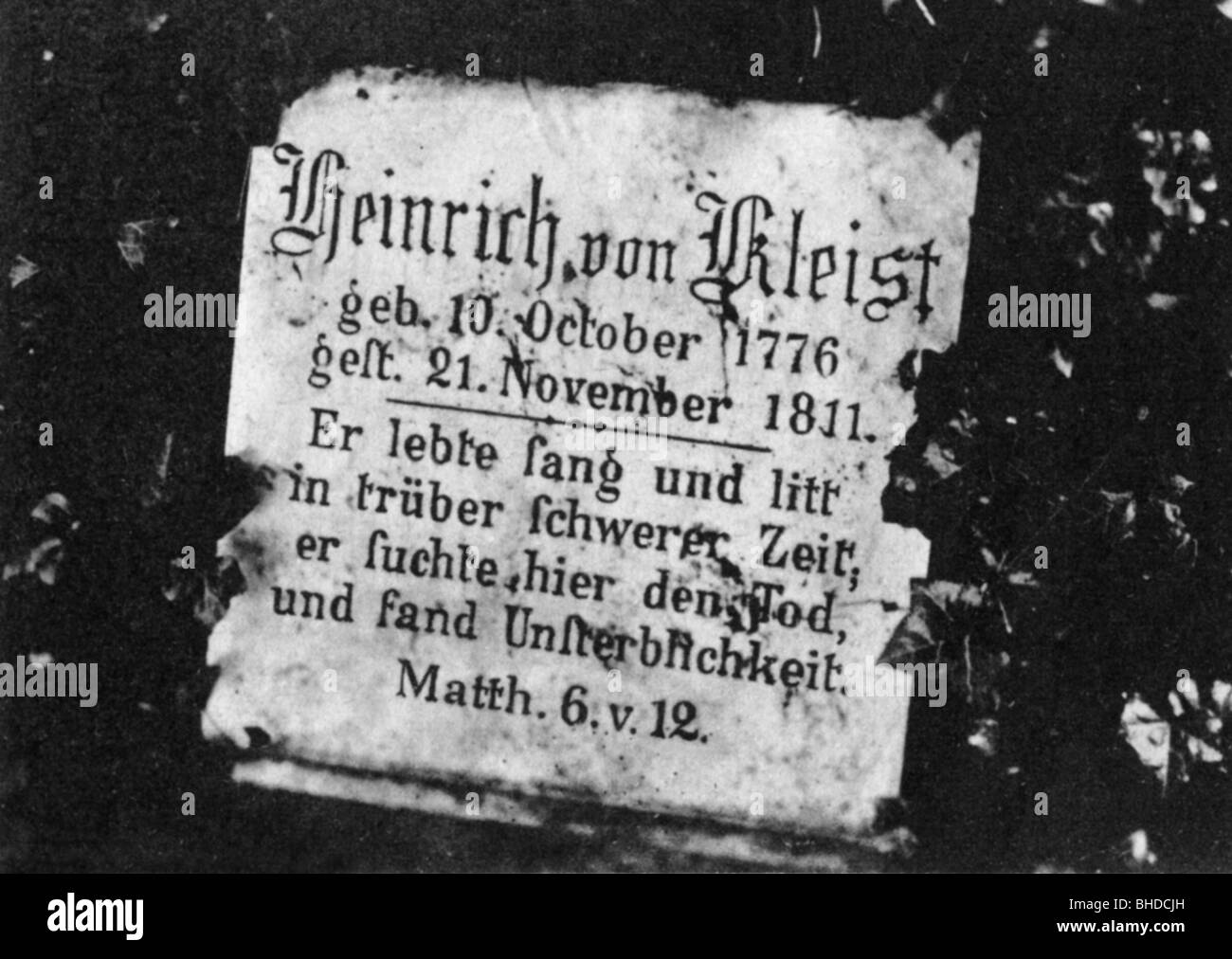 Kleist, Heinrich von, 18.10.1777 - 21.11.1811, autore/scrittore tedesco, poeta, iscrizione sulla sua tomba al lago Wannsee, Foto Stock