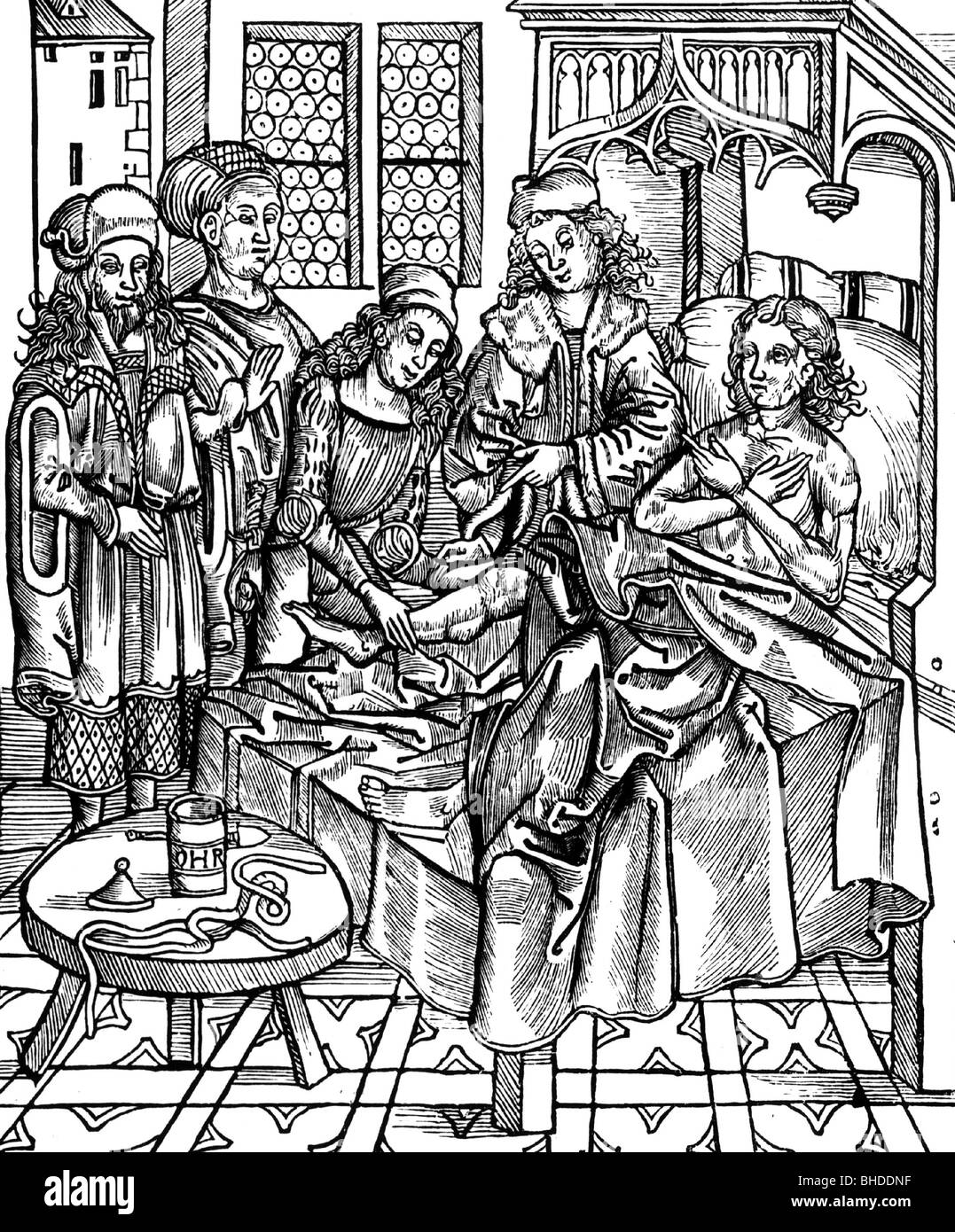 Medicina, chirurgia, frattura, medici al letto malato di un malato con frattura della gamba, taglio di legno di Hieronymus Brunschwyk 'come Buch der wund Artzeney', circa 1500, Foto Stock