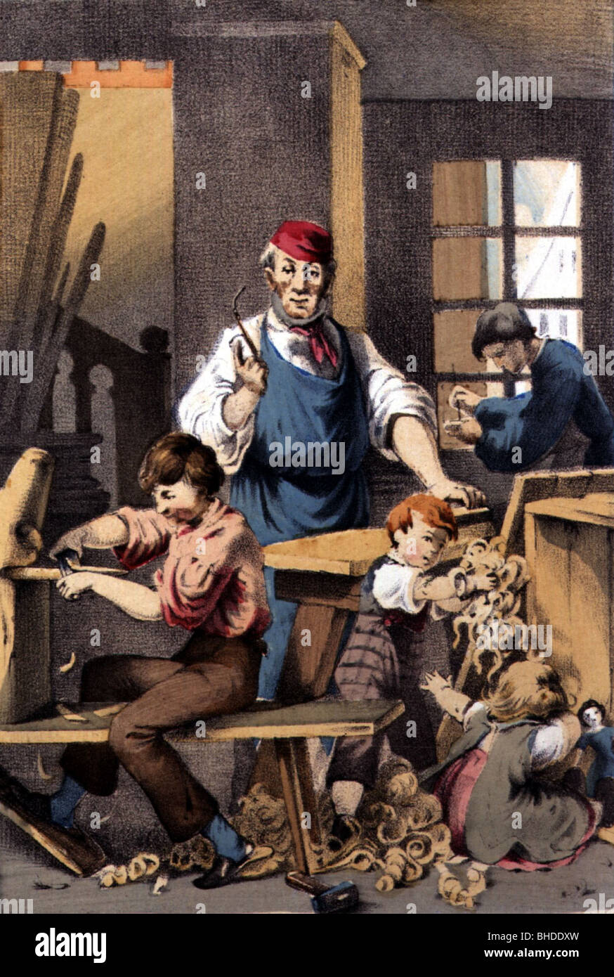 Artigianato / artigianato, falegname, maestro e bambini durante il lavoro, illustrazione del romanzo 'Master Hobelmann', litografia colorata, Foto Stock
