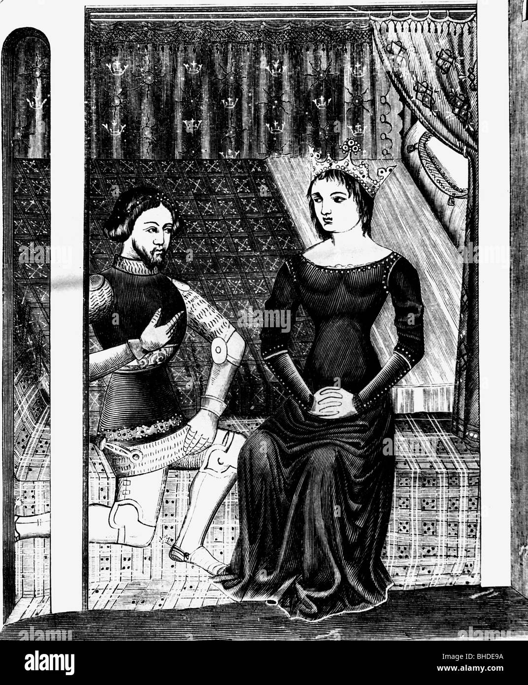 Lancelot, figura leggendaria celtica, a mezza lunghezza, con Guinevere, dopo miniatura in una scrittura del 15th secolo, Foto Stock