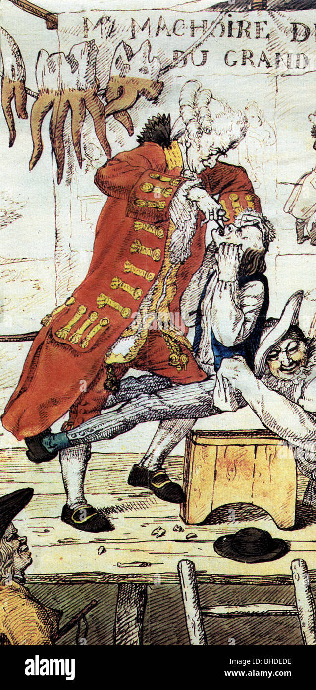 Medicina, odontoiatria, dentista, caricatura 'sans sforzi', disegno francese colorato, fine 18th secolo, Biblioteca Nazionale di Medicina, Bethesda, MD, Foto Stock