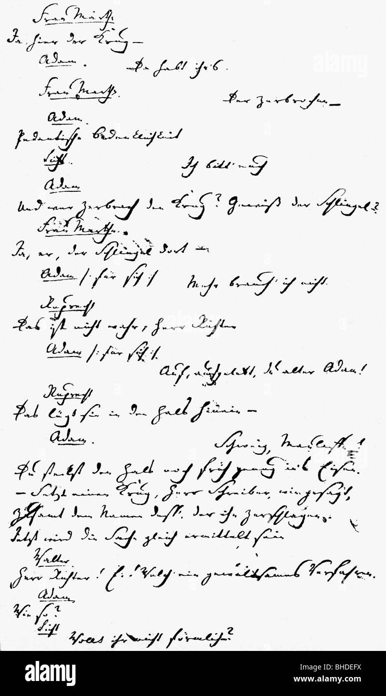 Kleist, Heinrich von, 18.10.1777 - 21.11.1811, autore/scrittore tedesco (poeta), scenografo 'The Broken Bug', scrittura a mano singola, 1808, Foto Stock