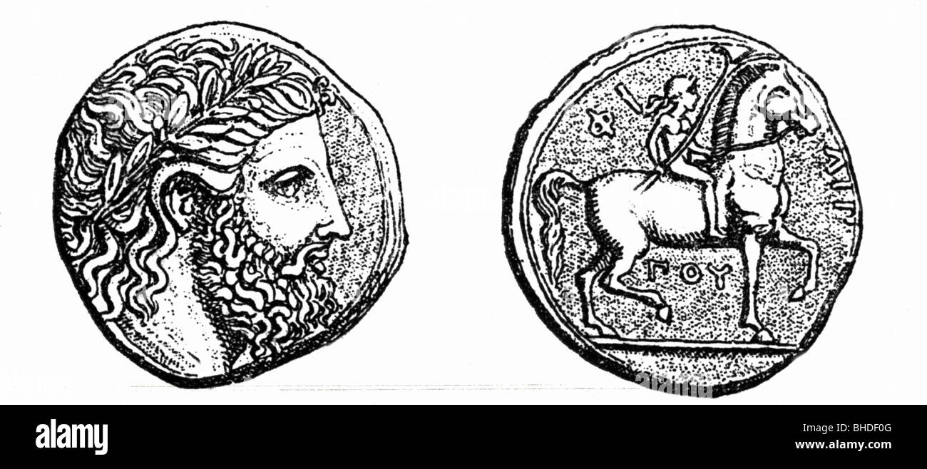 Filippo II, circa 382 - 336 a.C., re di Macedonia 357/355 - 336 a.C., disegno, stater, dopo moneta antica, incisione in legno, 19th secolo, Foto Stock