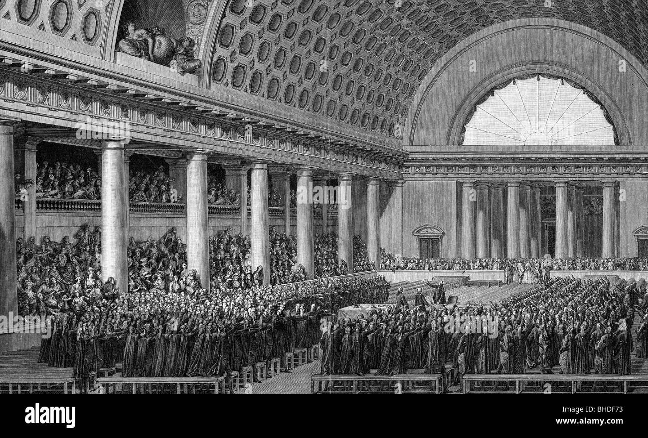 Geografia / viaggio, Francia, Rivoluzione Francese 1789, costituzione dell'Assemblea Nazionale nella sala da ballo di Versailles, 17.6.1789, dopo l'incisione di J.M. Moreau, incisione del legno, 19th secolo, storico, storico, politica, corona del campo da tennis, giuramenti, vice, assemblyman, membro del Parlamento, delegato, rappresentante, sala, riunione, riunioni, voto, voti, eventi, persone, Foto Stock