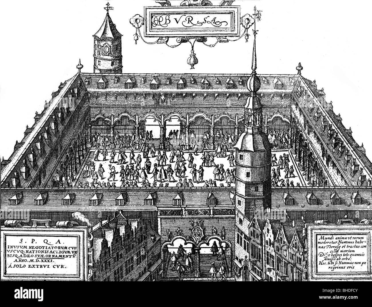 Geografia / viaggio, Olanda, Anversa, scambio commerciale, vista esterna, innercourt, dopo l'incisione del rame, 1531, 16th secolo, storico, storico, città anseatica, città anse, città Hansa, città anseatica, città Hanse, città Hansa dal 1231, Brabant, spagnolo Paesi Bassi, edilizia, edifici, architettura, rinascimento, corte, torre, Europa centrale, commercio, mart, Marte, emporio, persone, Foto Stock