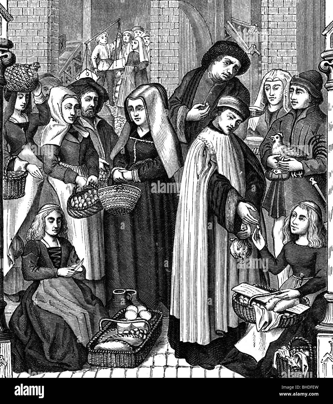 Soldi Tasse Clergyman Che Raccoglie Le Tasse Dai Fornitori Incisione Del Legno 19th Secolo Dopo La Miniatura Tournai 15th Secolo Medioevo Tasse Pedaggio Tassa Clero Commercio Mercato Chiesa Francia Storico Storico Medievale