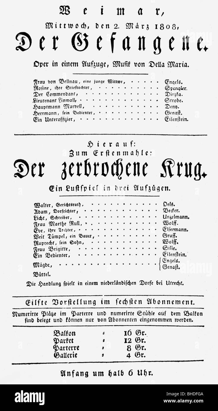 Kleist, Heinrich von, 18.10.1777 - 21.11.1811, autore/scrittore tedesco (poeta), scenografo 'The Broken Bug', playbill per la prima mondiale, 2.3.1808, Foto Stock