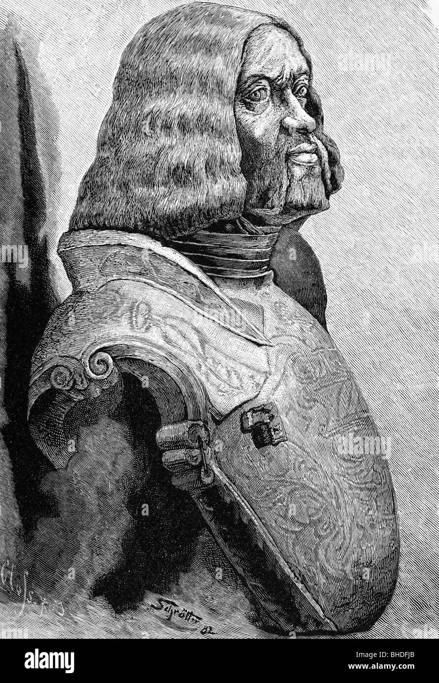 Gonzaga, Francesco, 12.6.1538 - 6.2.1566, nobile italiano, a mezza lunghezza, incisione in legno dopo busto di terracotta al Museo Comunale di Mantova, Foto Stock